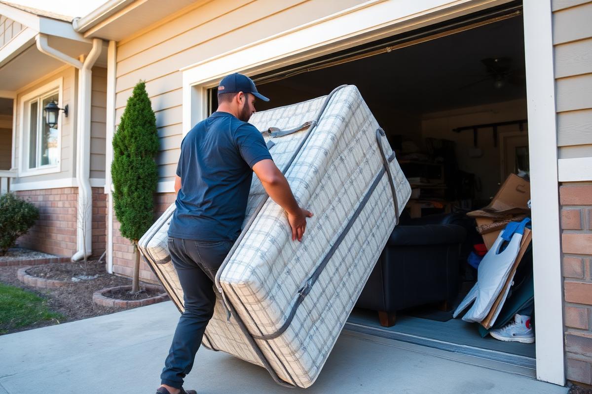 Worker hauling an old mattress out of a garage