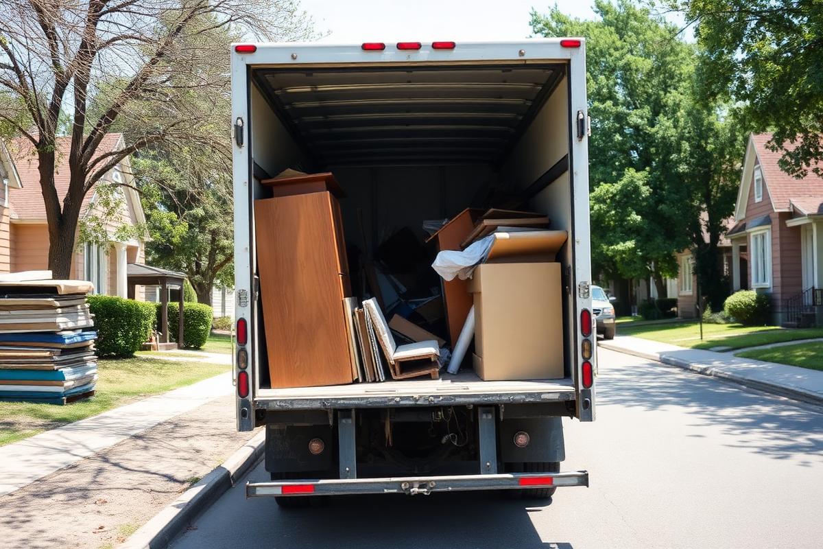 Truck bed half filled with furniture and debris