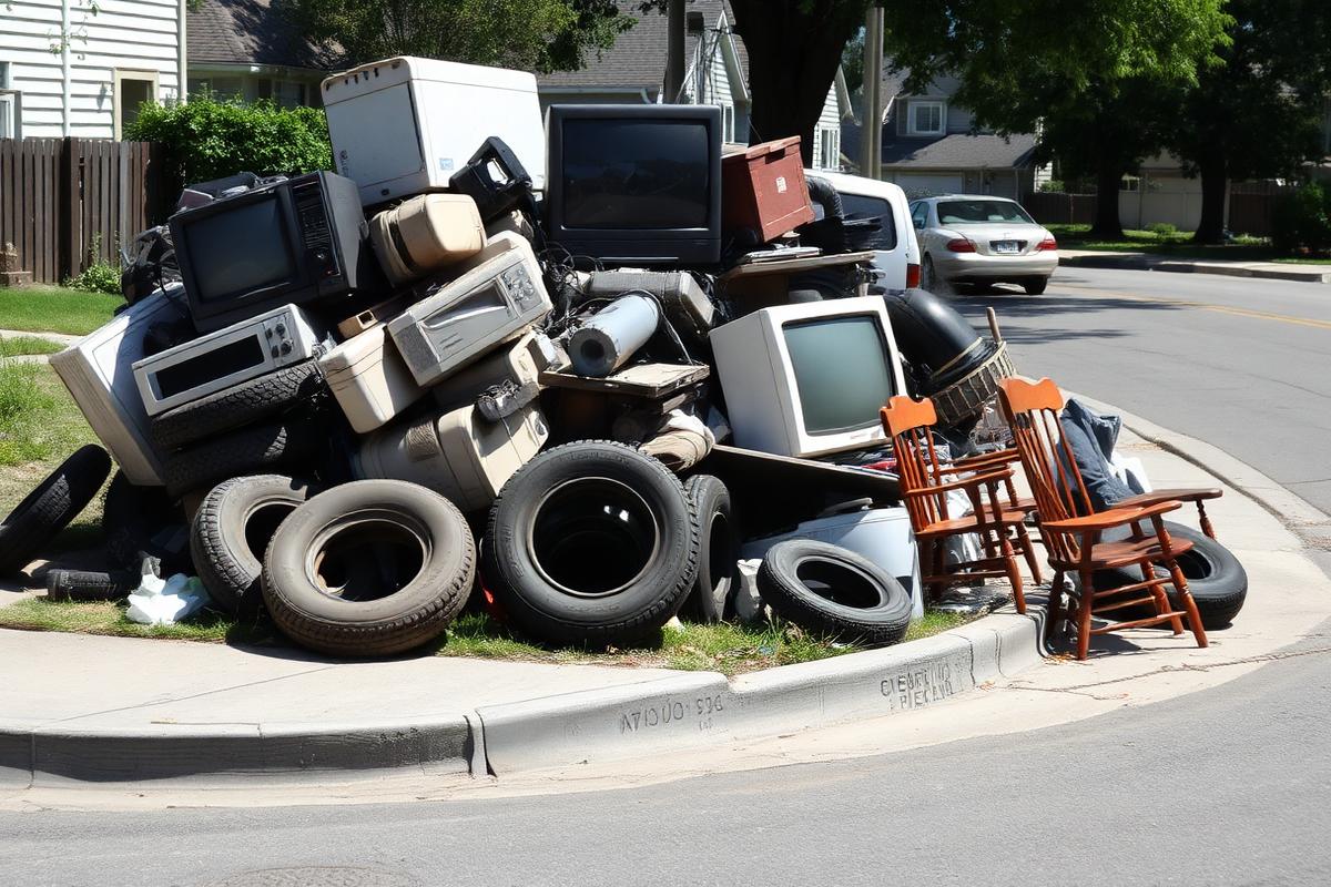 Curbside pile of appliances, tires, and furniture ready for pickup